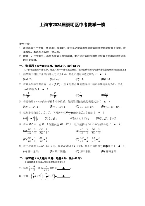 上海市2024届崇明区中考数学一模