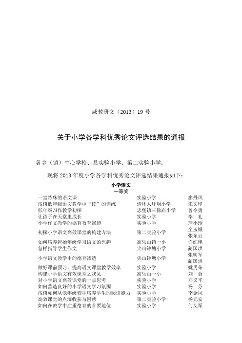 关于小学各学科优秀论文评选结果通报19号