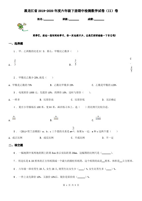 黑龙江省2019-2020年度六年级下册期中检测数学试卷(II)卷