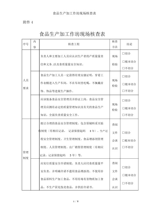 食品生产加工作坊现场核查表