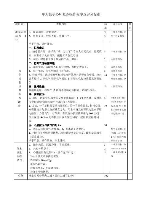 (完整版)单人徒手心肺复苏操作流程及评分标准