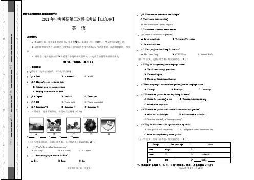 (山东卷)2021年中考英语第三次模拟考试(考试版)