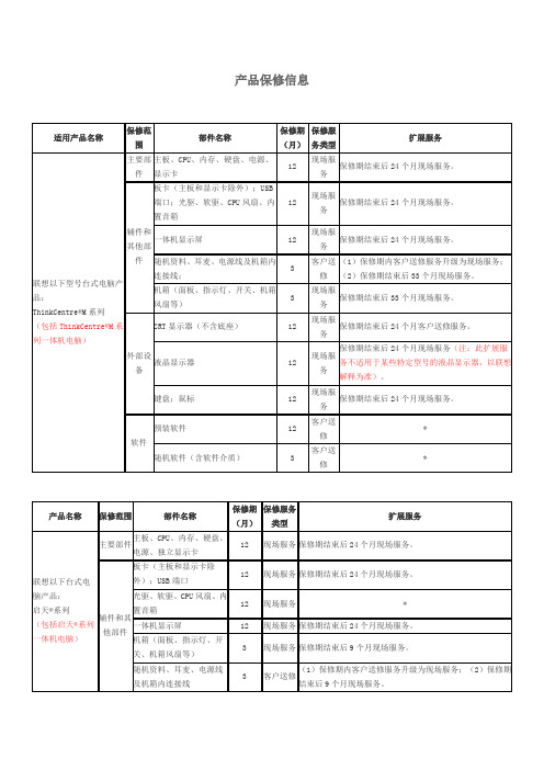 联想电脑产品保修信息