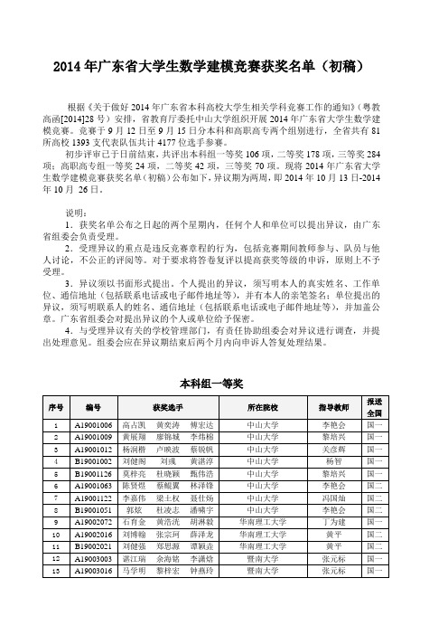 2014年广东省大学生数学建模竞赛初评结果