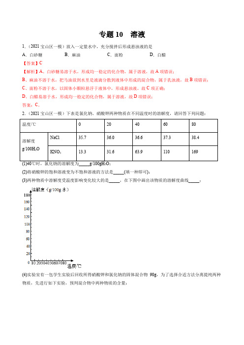 2021上海中考化学一模分类汇编专题 10 溶液(解析版)