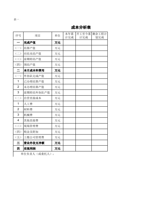 成本表格