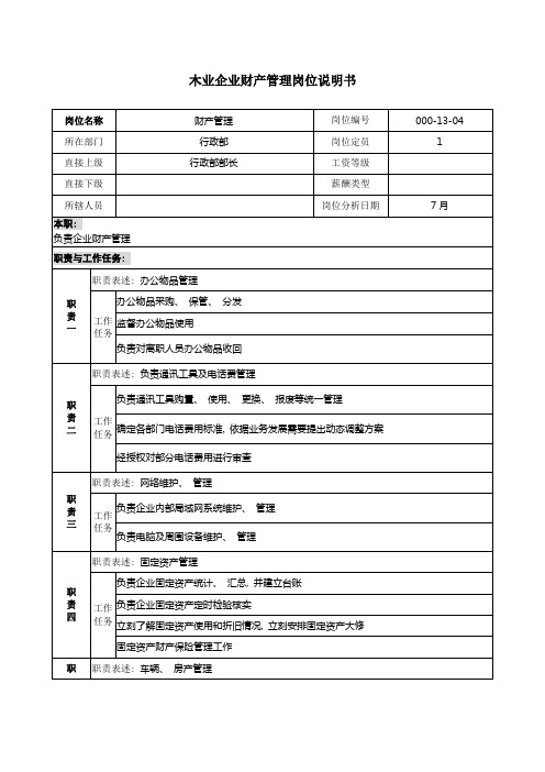 木业公司财产管理岗位说明书