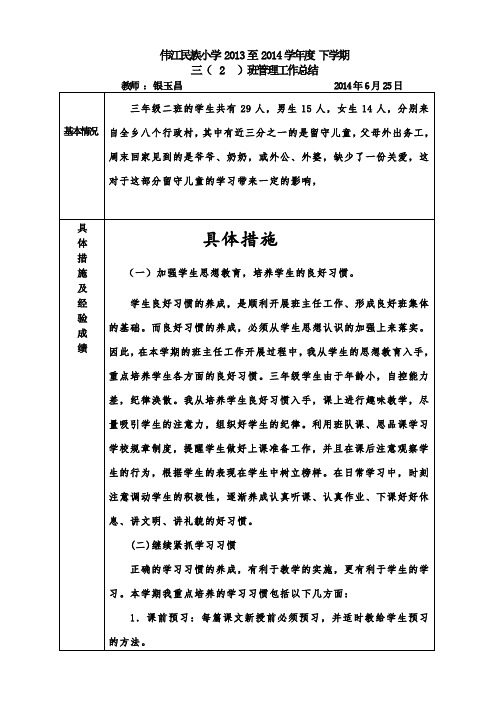 春2014年季学期班级管理工作总结