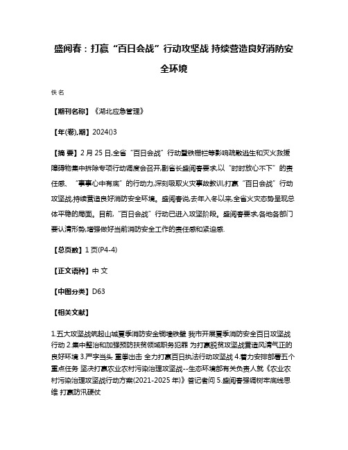 盛阅春:打赢“百日会战”行动攻坚战 持续营造良好消防安全环境