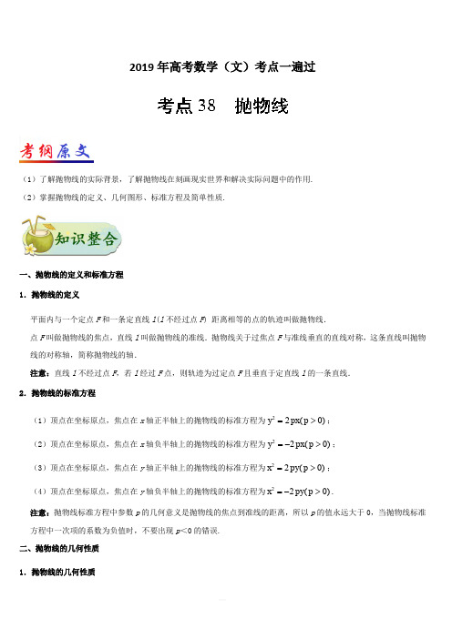 2019年高考数学(文)考点一遍过 考点38 抛物线(含解析)