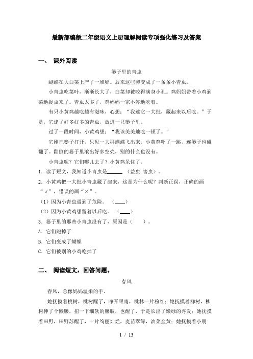 最新部编版二年级语文上册理解阅读专项强化练习及答案