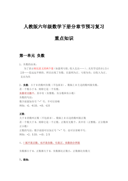 人教版六年级数学下册分章节预习复习重点知识