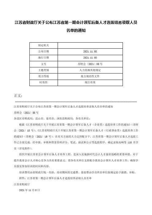 江苏省财政厅关于公布江苏省第一期会计领军后备人才选拔培养录取人员名单的通知-苏财会〔2021〕55号