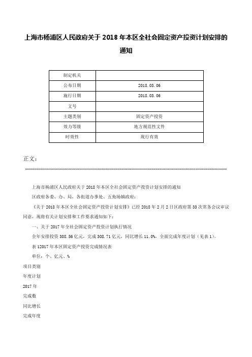 上海市杨浦区人民政府关于2018年本区全社会固定资产投资计划安排的通知-