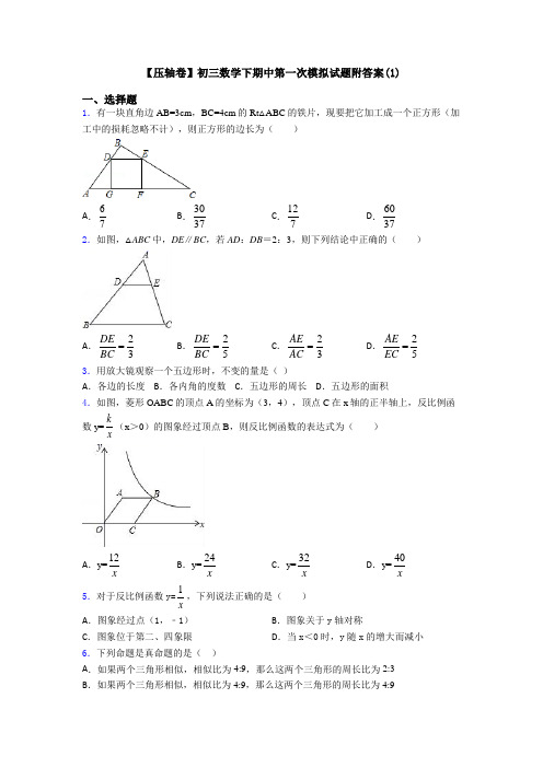 【压轴卷】初三数学下期中第一次模拟试题附答案(1)