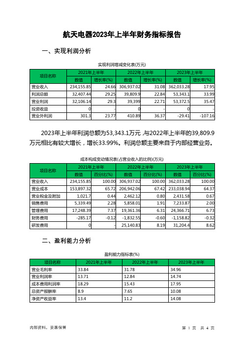 002025航天电器2023年上半年财务指标报告