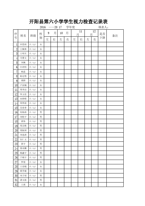 六年级学生视力检查记录表