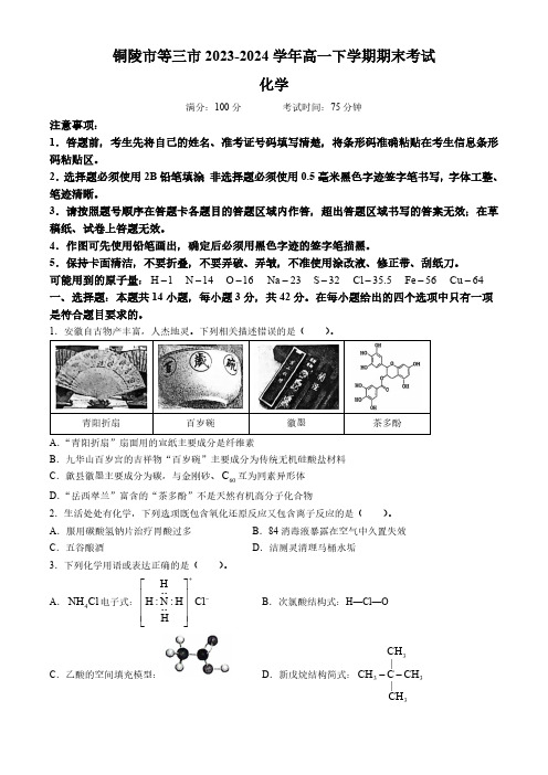 安徽省铜陵市等三市2023-2024学年高一下学期期末考试化学试题(含解析)