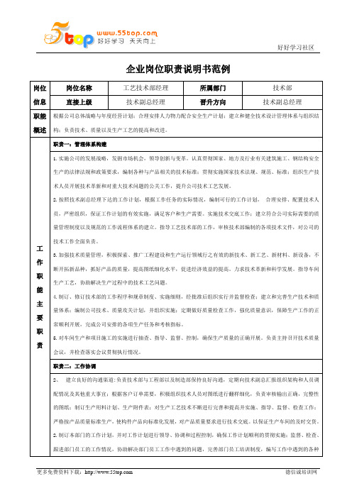 工艺技术部经理岗位职责说明书