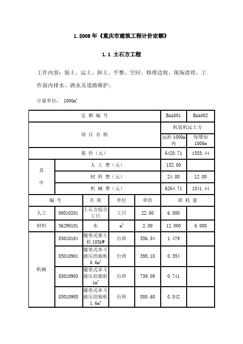 1.2008年《重庆市建筑工程计价定额》