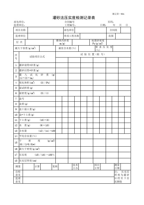 灌砂法压实度检测记录表