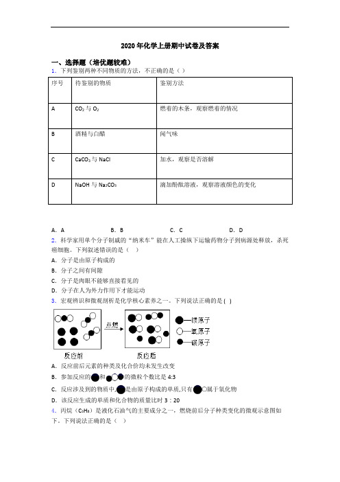 2020年化学初三化学上册期中试卷及答案