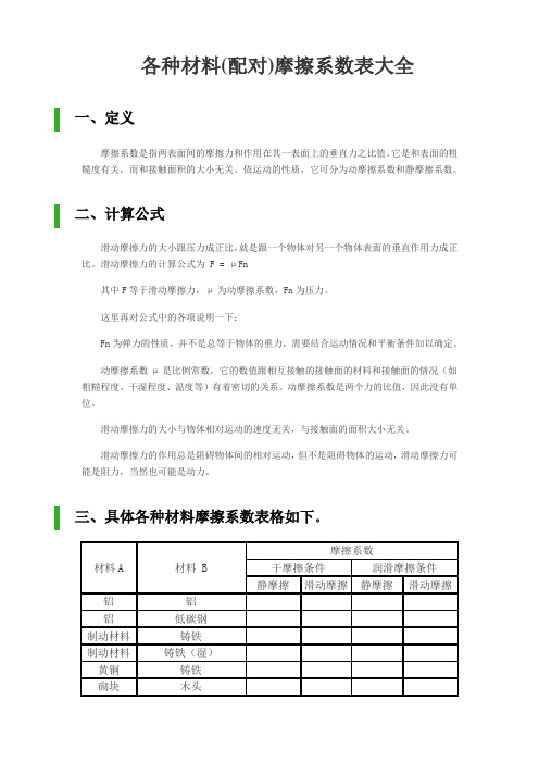 各种材料摩擦系数表大全