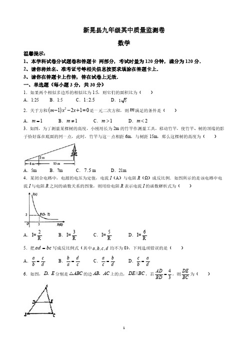 湖南省怀化市新晃县2024届九年级上学期期中质量监测数学试卷(含答案)