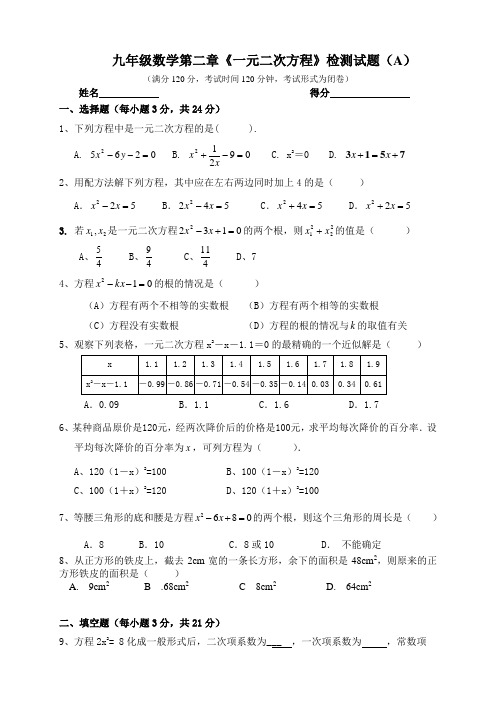 九年级数学第二章《一元二次方程》检测试题(A)