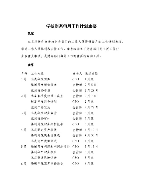 学校财务每月工作计划表格