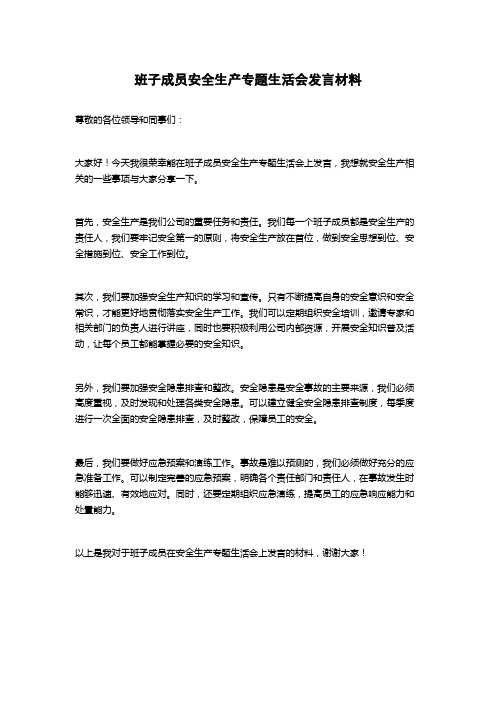 班子成员安全生产专题生活会发言材料