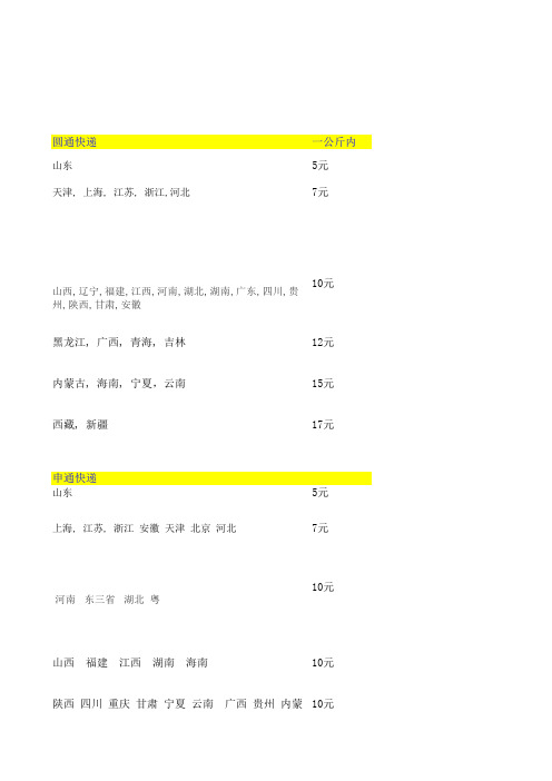 最新快递价格表