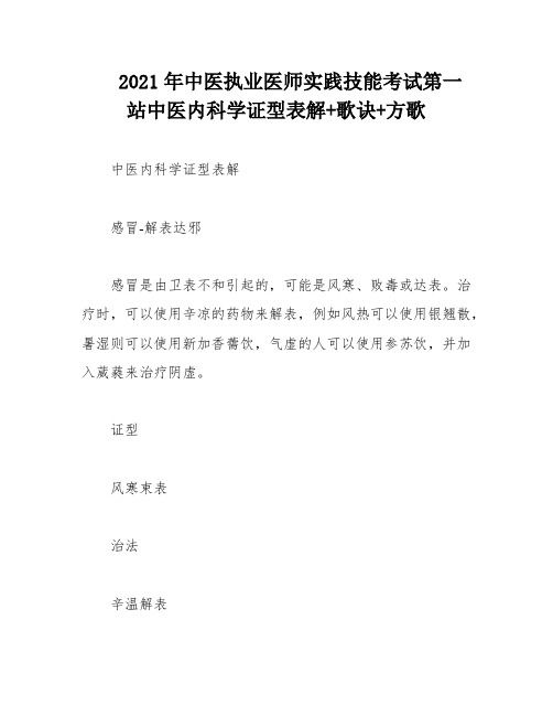 2021年中医执业医师实践技能考试第一站中医内科学证型表解+歌诀+方歌