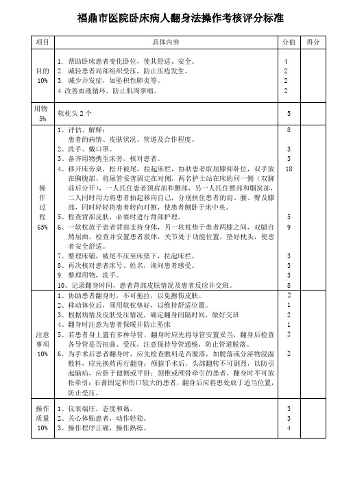 卧床病人翻身法操作考核评分标准