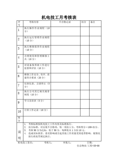 机电技工月考核表