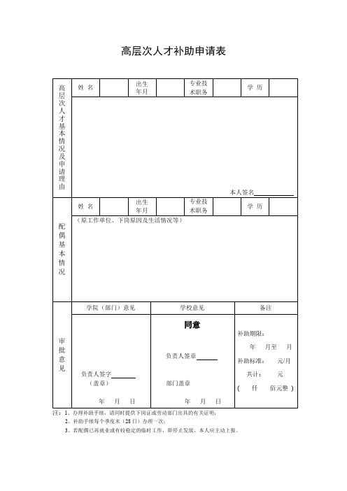 高层次人才补助申请表【模板】