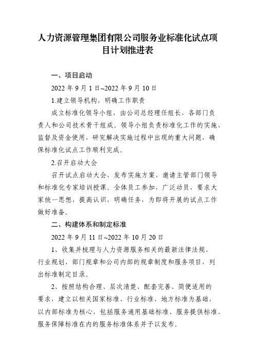 人力资源管理集团有限公司服务业标准化试点项目推进表