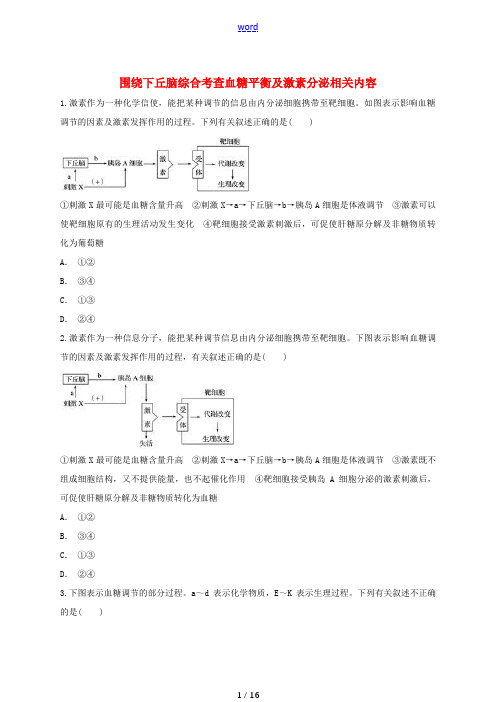 高中生物 围绕下丘脑综合考查血糖平衡及激素分泌相关内容同步精选对点训练 新人教版高一必修3生物试题