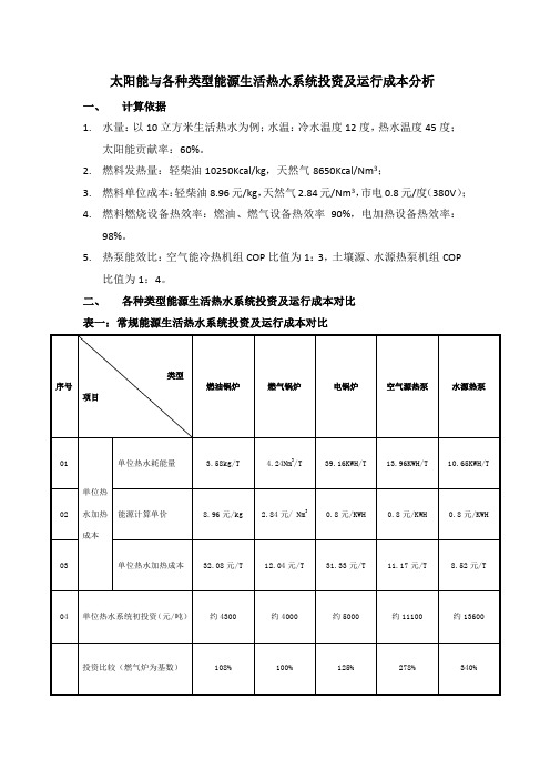 太阳能与各种类型能源生活热水系统投资及运行成本分析