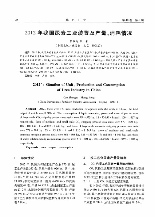 2012年我国尿素工业装置及产量、消耗情况