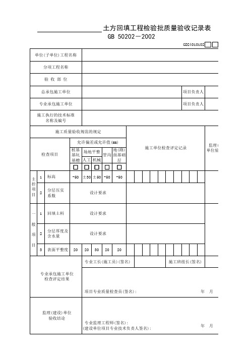 土方回填工程检验批质量验收记录表