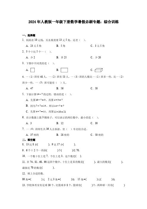 2024年人教版一年级下册数学暑假必刷专题：综合训练