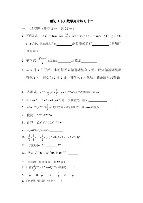 华育中学预初(下)数学周末练习十二