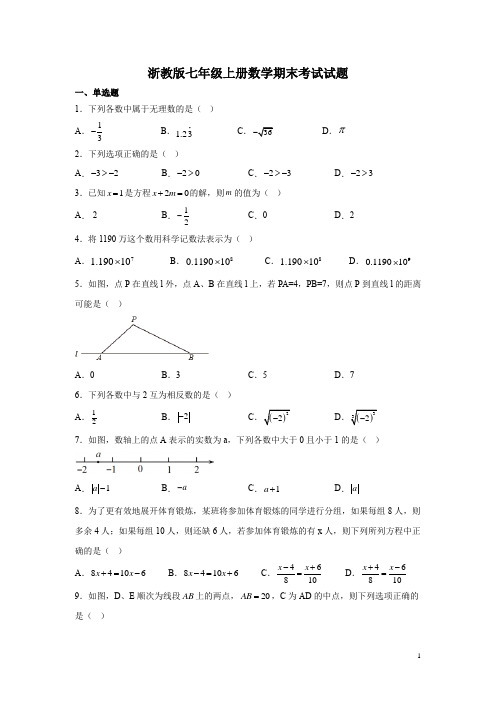 浙教版七年级上册数学期末考试试题附答案