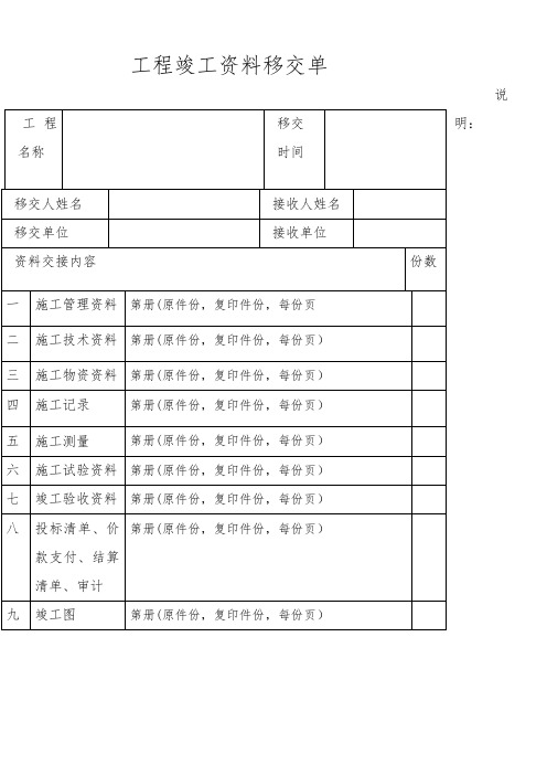 工程竣工资料移交单20180425