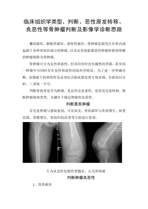 临床组织学类型、判断、恶性原发转移、良恶性等骨肿瘤判断及影像学诊断思路