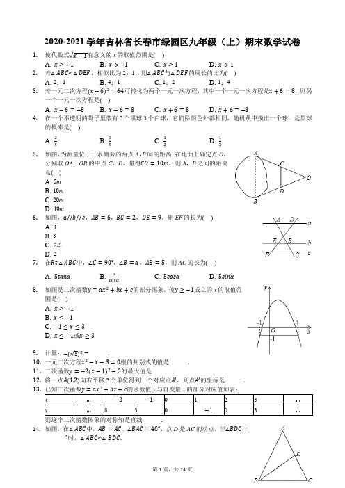 2020-2021学年吉林省长春市绿园区九年级(上)期末数学试卷