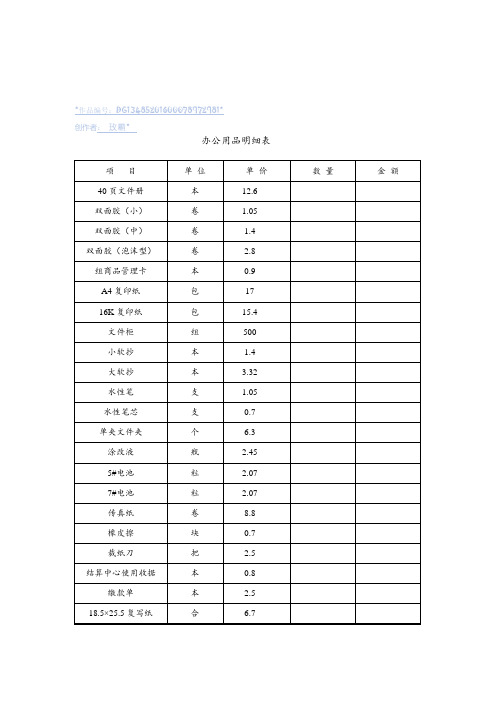 办公用品明细表、价目表