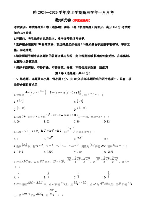 黑龙江省哈尔滨市2024-2025学年高三10月月考试题 数学含答案