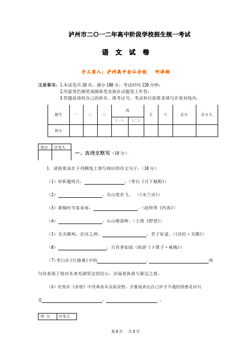 2020年四川泸州中考语文试题(word版有答案)